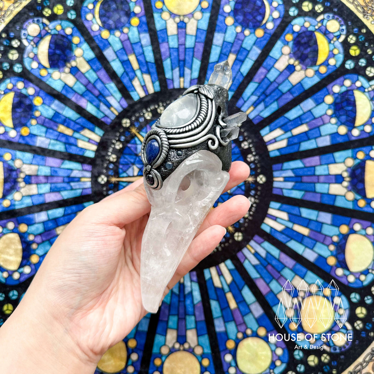 Handmade Natural Clear Quartz Raven Skull Pendant Necklace/Magic Herkimer Diamond Crystal Protection Pendant/Amulet Talisman Jewelry/Chakra/Altar Tool