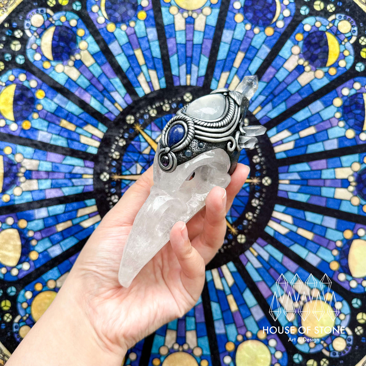 Handmade Natural Clear Quartz Raven Skull Pendant Necklace/Magic Herkimer Diamond Crystal Protection Pendant/Amulet Talisman Jewelry/Chakra/Altar Tool