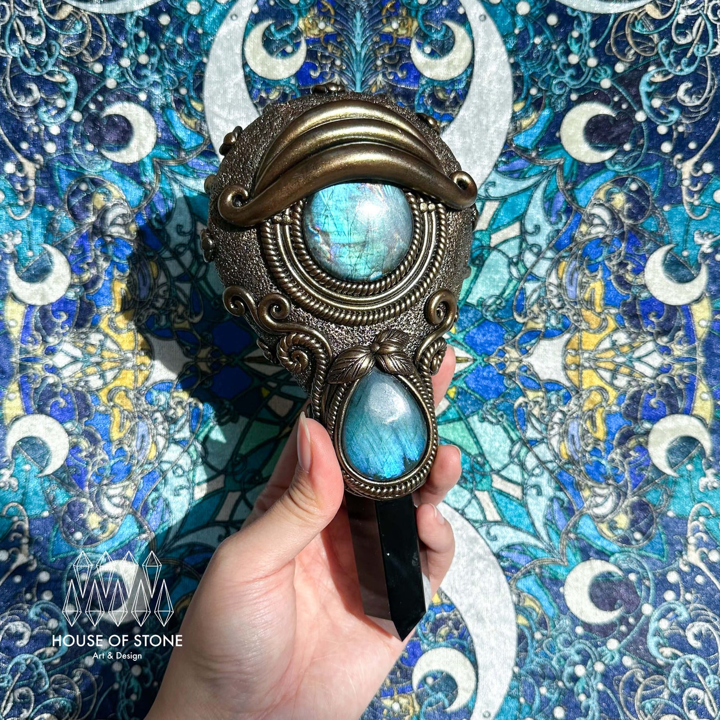Handmade Natural Black Obsidian Mirror/Magic Obsidian Witch Wand/Crystal Quartz Wand/Scrying Mirror Wand/Root Chakra/Manifest Altar Tool