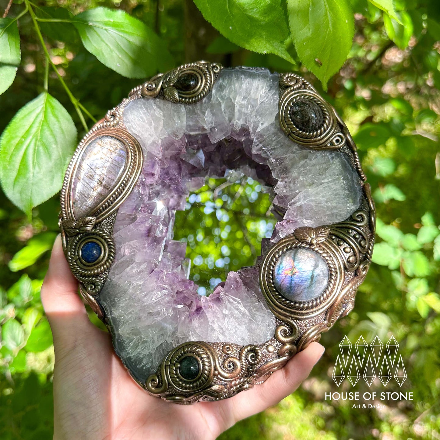 Natural Amethyst Portal Slice Geode Mirror/Brazil Amethyst Geode Druzy Portal Mirror/Handmade Crystal Portal Slice Mirror/Altar Tools