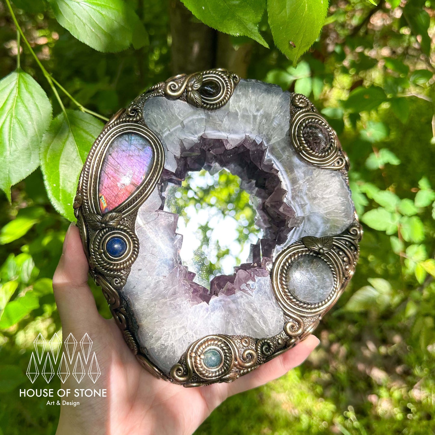 Natural Amethyst Portal Slice Geode Mirror/Brazil Amethyst Geode Druzy Portal Mirror/Handmade Crystal Portal Slice Mirror/Altar Tools