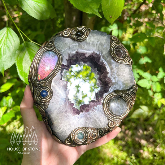 Natural Amethyst Portal Slice Geode Mirror/Brazil Amethyst Geode Druzy Portal Mirror/Handmade Crystal Portal Slice Mirror/Altar Tools