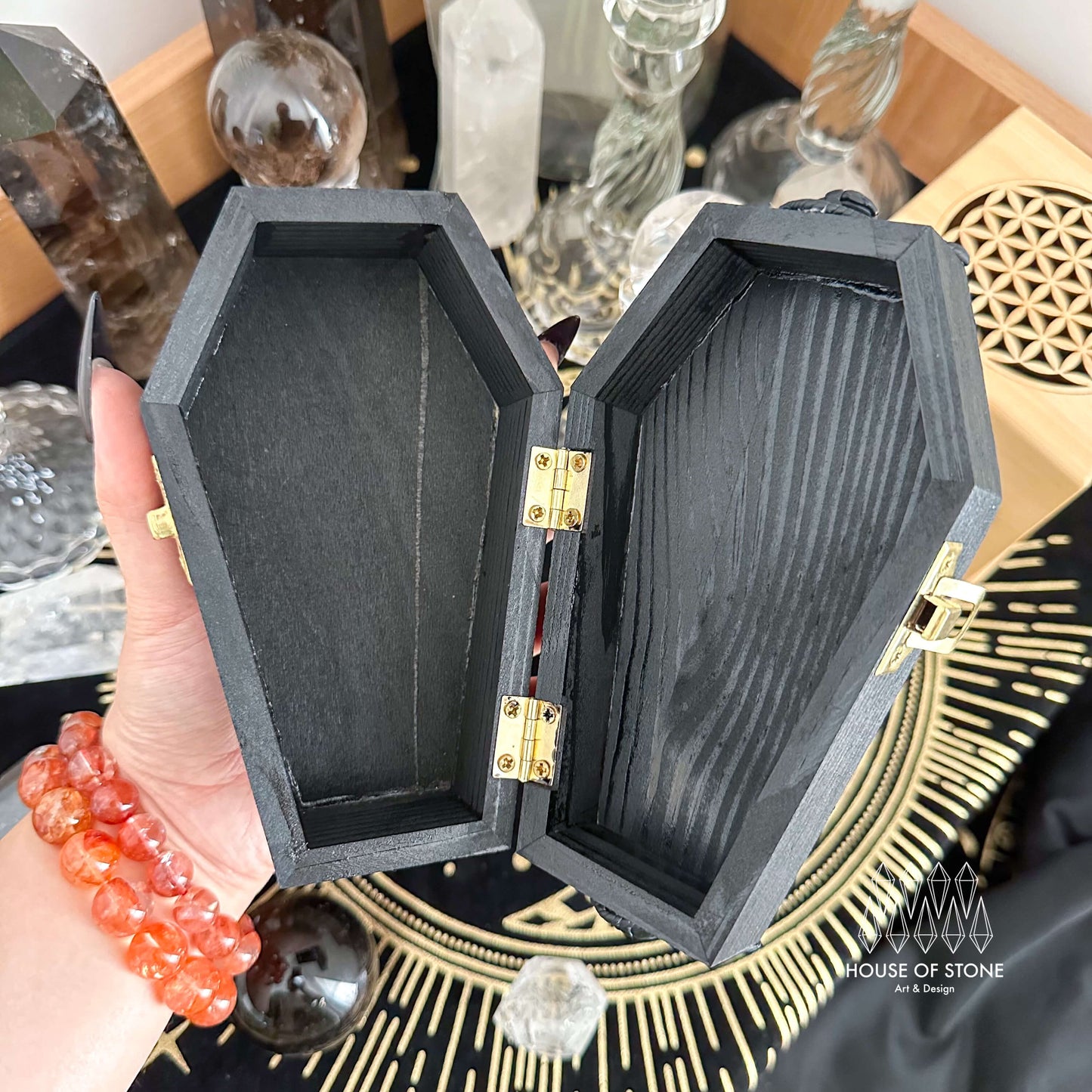 Natural Crystal Coffin Jewelry Box/Handmade Crystal Clay Coffin Stash Gift Box/Witchy Magic Gothic Crystal Rainbow Obsidian Box/Altar Tools