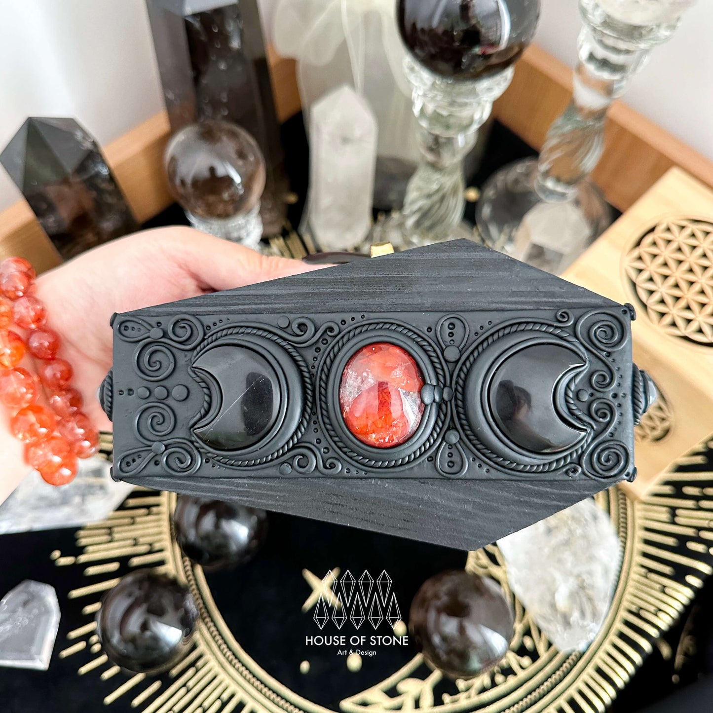 Natural Crystal Coffin Jewelry Box/Handmade Crystal Clay Coffin Stash Gift Box/Witchy Magic Gothic Crystal Rainbow Obsidian Box/Altar Tools