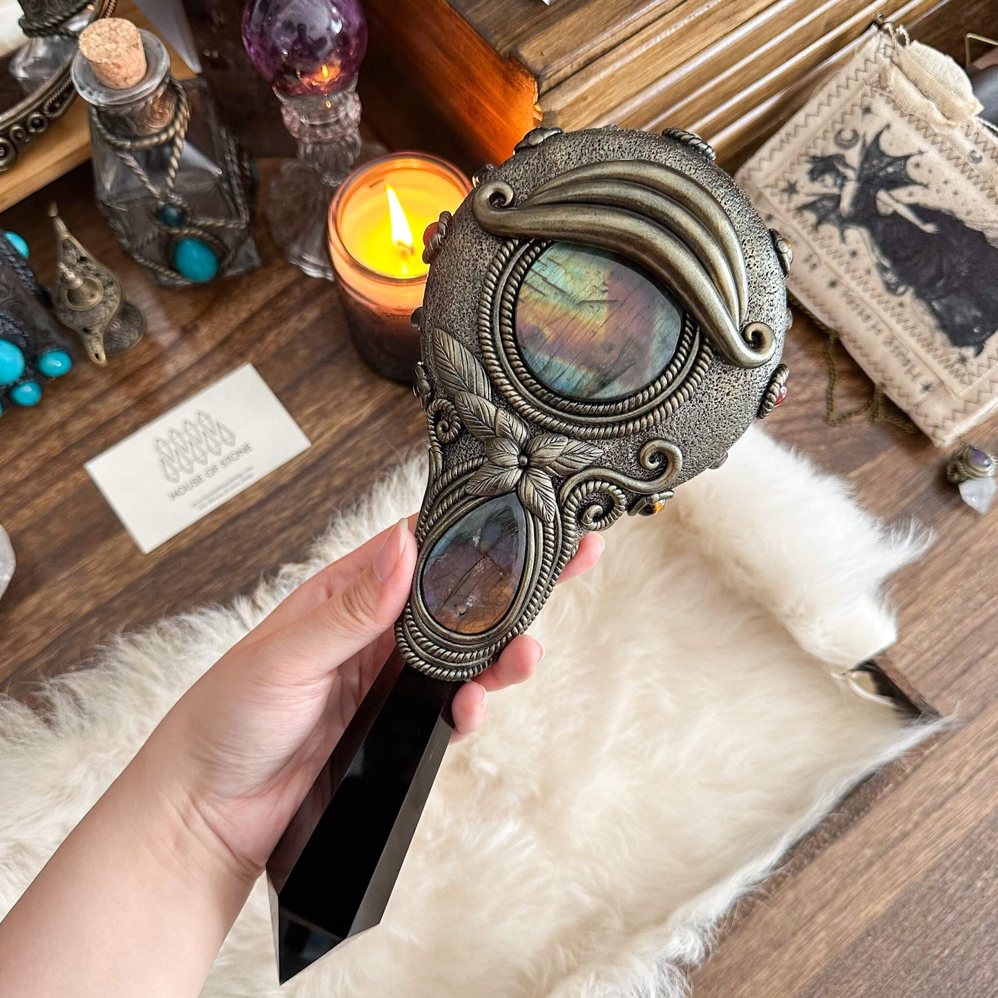 Handmade Natural Black Obsidian Mirror/Magic Obsidian Witch Wand/Crystal Quartz Wand/Scrying Mirror Wand/Root Chakra/Manifest Altar Tool
