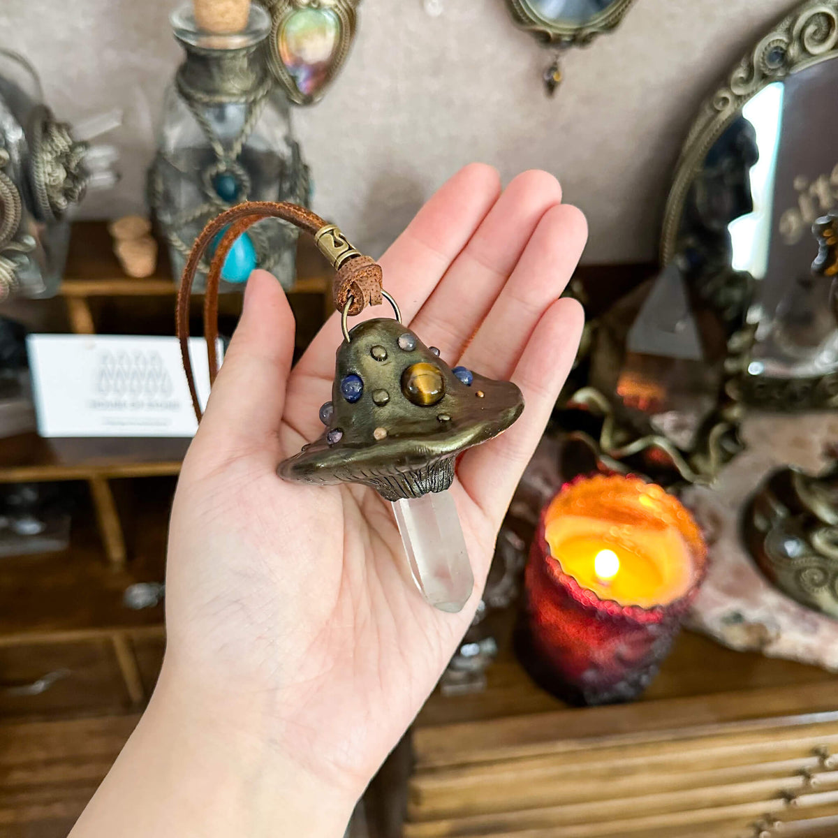 Handmade Natural Clear Quartz Pendant Necklace/Magic Mushroom Crystal Protection Pendant/Amulet Talisman Jewelry/Chakra/Altar Tool
