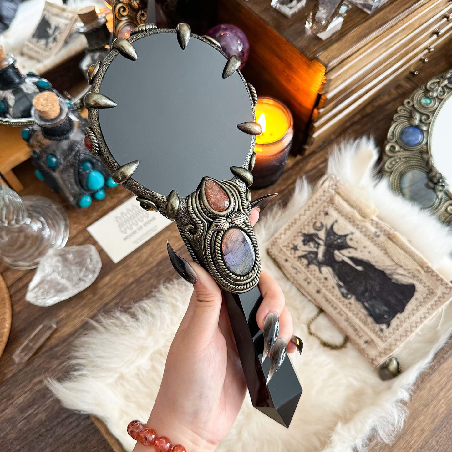 Handmade Natural Black Obsidian Mirror/Magic Obsidian Witch Wand/Crystal Quartz Wand/Scrying Mirror Wand/Root Chakra/Manifest Altar Tool
