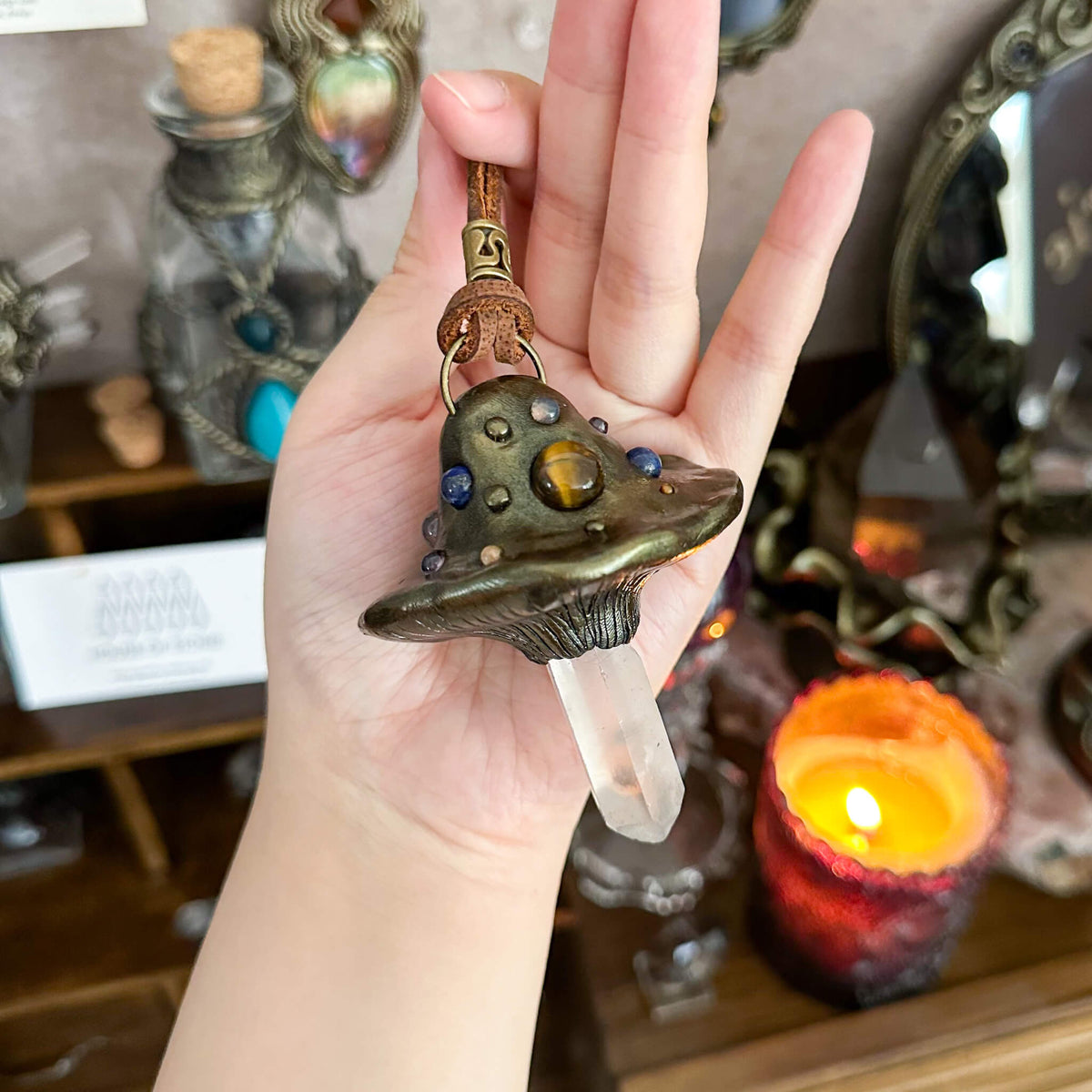 Handmade Natural Clear Quartz Pendant Necklace/Magic Mushroom Crystal Protection Pendant/Amulet Talisman Jewelry/Chakra/Altar Tool