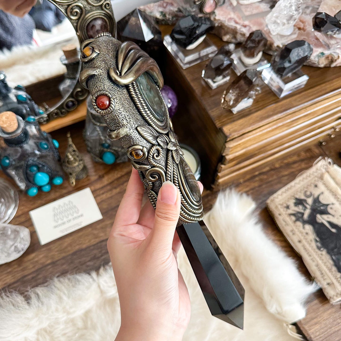 Handmade Natural Black Obsidian Mirror/Magic Obsidian Witch Wand/Crystal Quartz Wand/Scrying Mirror Wand/Root Chakra/Manifest Altar Tool