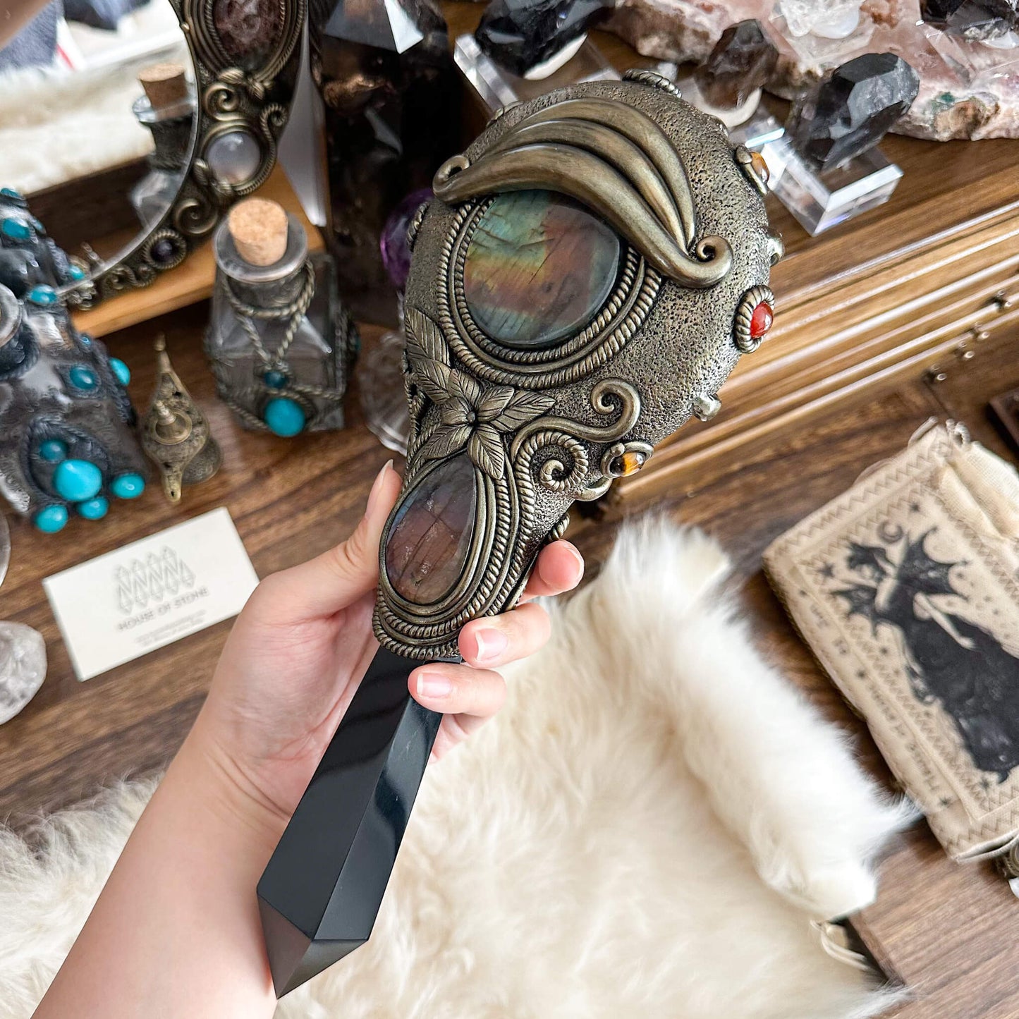 Handmade Natural Black Obsidian Mirror/Magic Obsidian Witch Wand/Crystal Quartz Wand/Scrying Mirror Wand/Root Chakra/Manifest Altar Tool