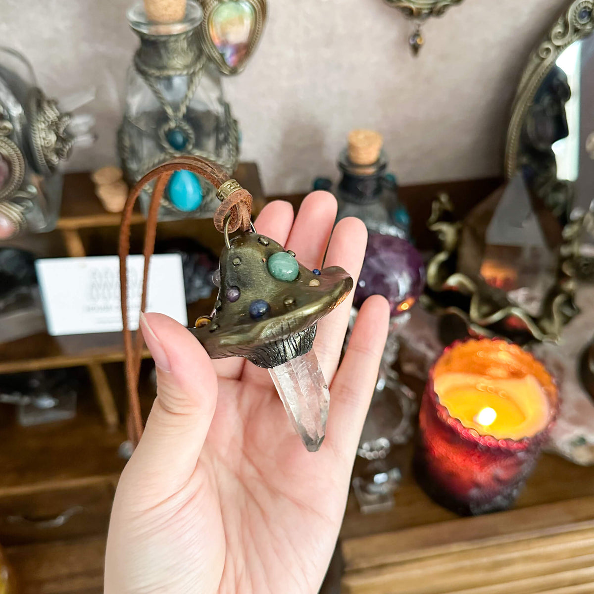 Handmade Natural Clear Quartz Pendant Necklace/Magic Mushroom Crystal Protection Pendant/Amulet Talisman Jewelry/Chakra/Altar Tool