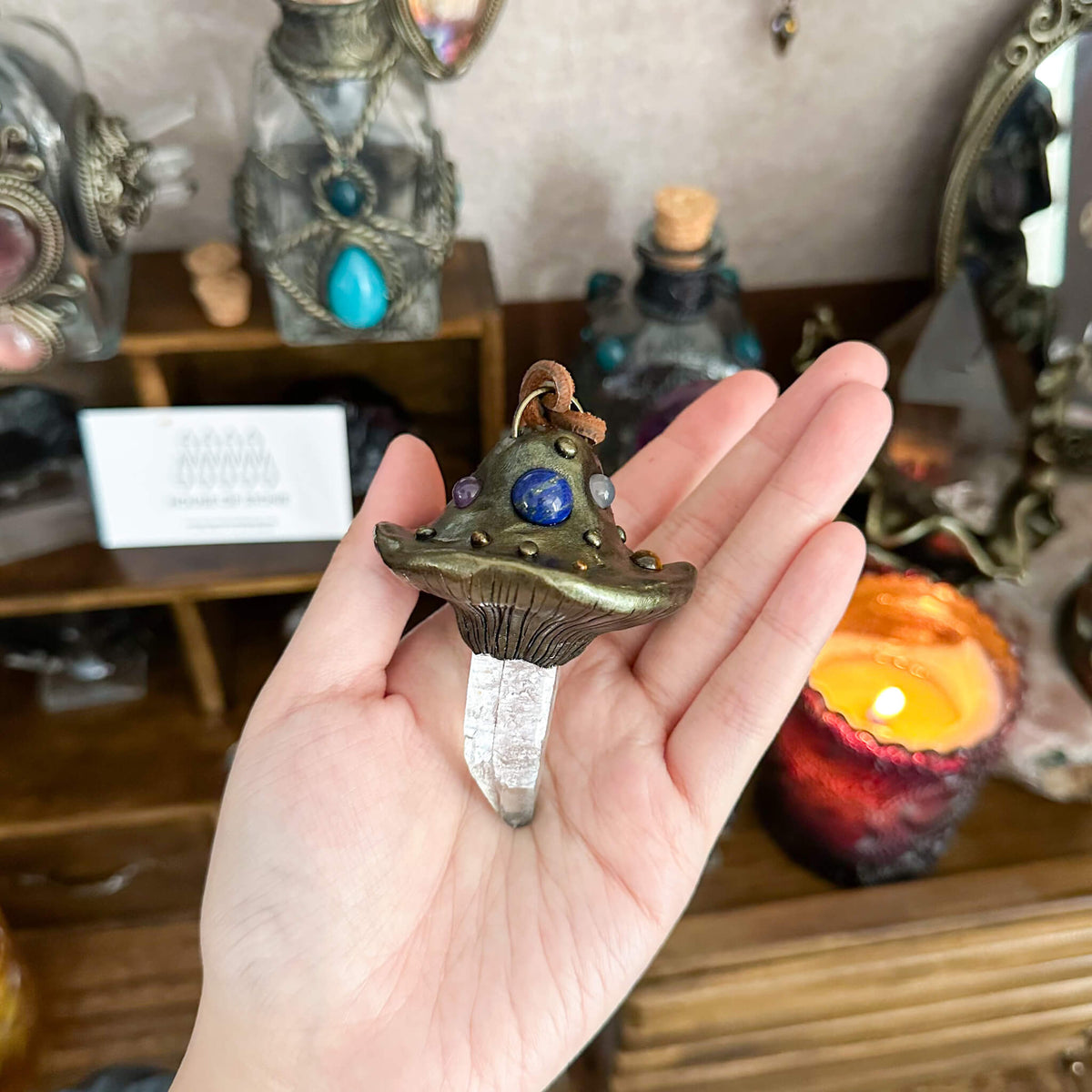 Handmade Natural Clear Quartz Pendant Necklace/Magic Mushroom Crystal Protection Pendant/Amulet Talisman Jewelry/Chakra/Altar Tool