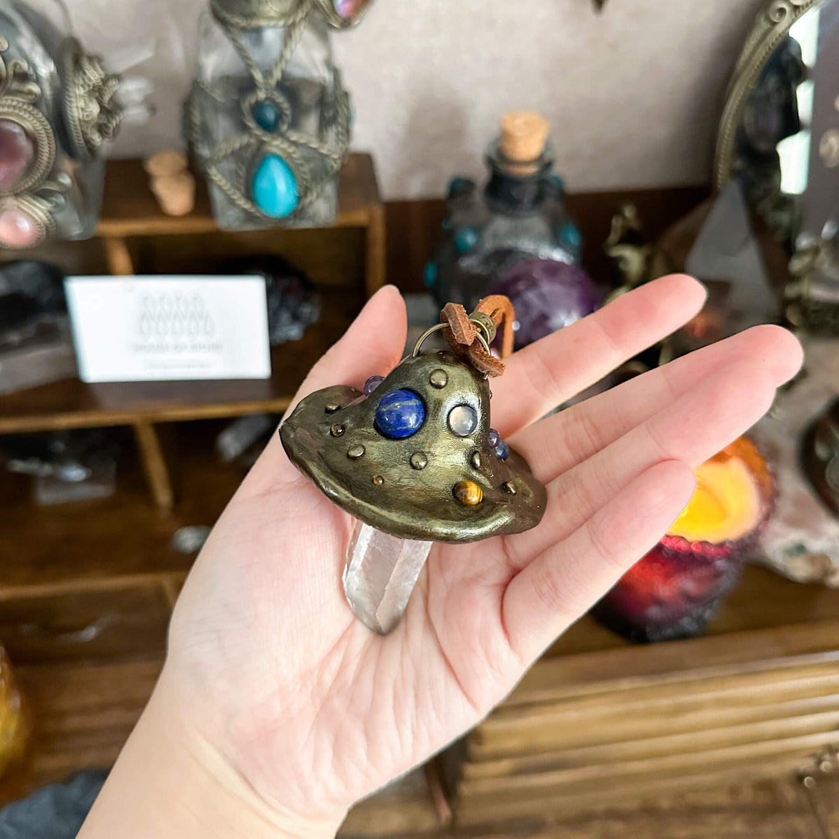 Handmade Natural Clear Quartz Pendant Necklace/Magic Mushroom Crystal Protection Pendant/Amulet Talisman Jewelry/Chakra/Altar Tool