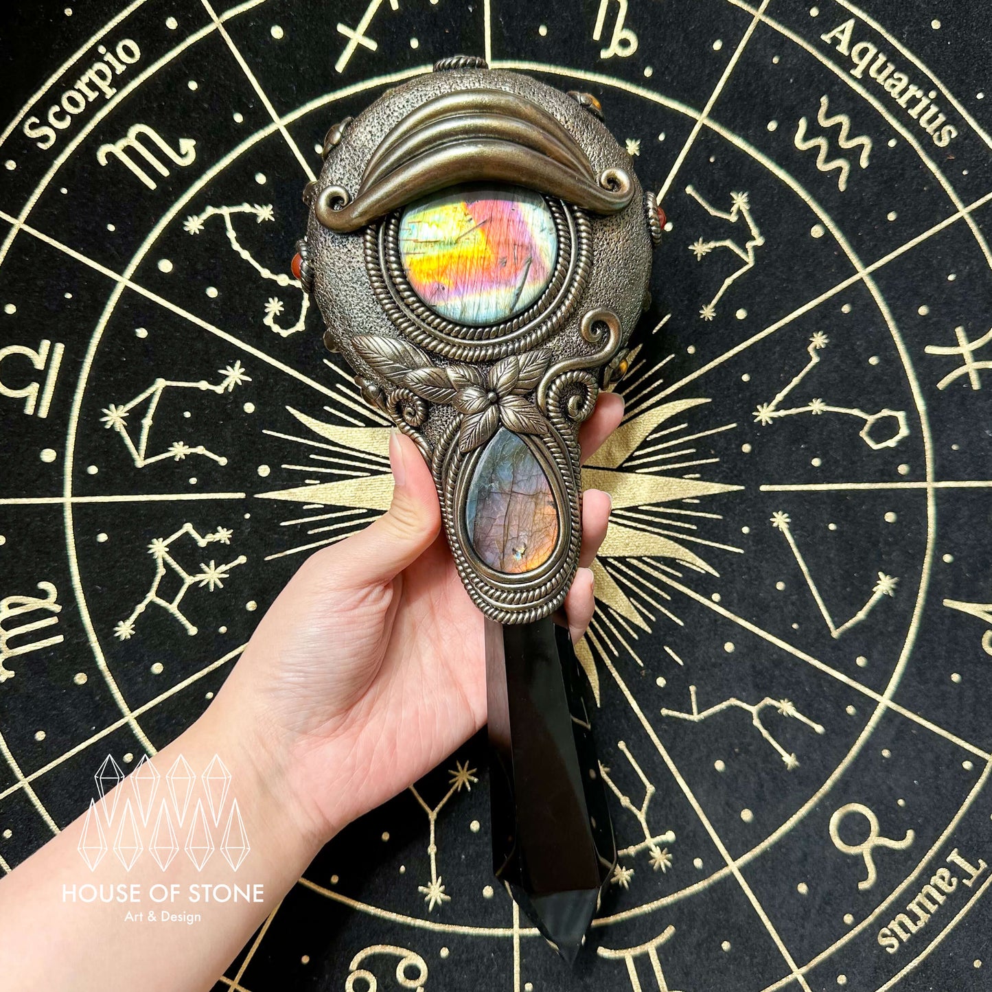 Handmade Natural Black Obsidian Mirror/Magic Obsidian Witch Wand/Crystal Quartz Wand/Scrying Mirror Wand/Root Chakra/Manifest Altar Tool