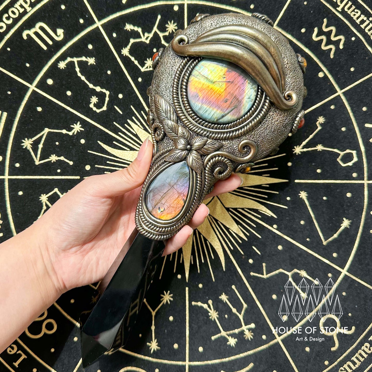 Handmade Natural Black Obsidian Mirror/Magic Obsidian Witch Wand/Crystal Quartz Wand/Scrying Mirror Wand/Root Chakra/Manifest Altar Tool