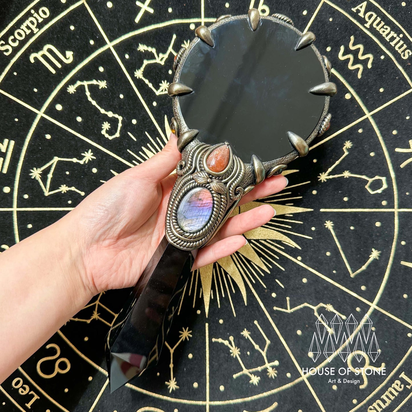 Handmade Natural Black Obsidian Mirror/Magic Obsidian Witch Wand/Crystal Quartz Wand/Scrying Mirror Wand/Root Chakra/Manifest Altar Tool
