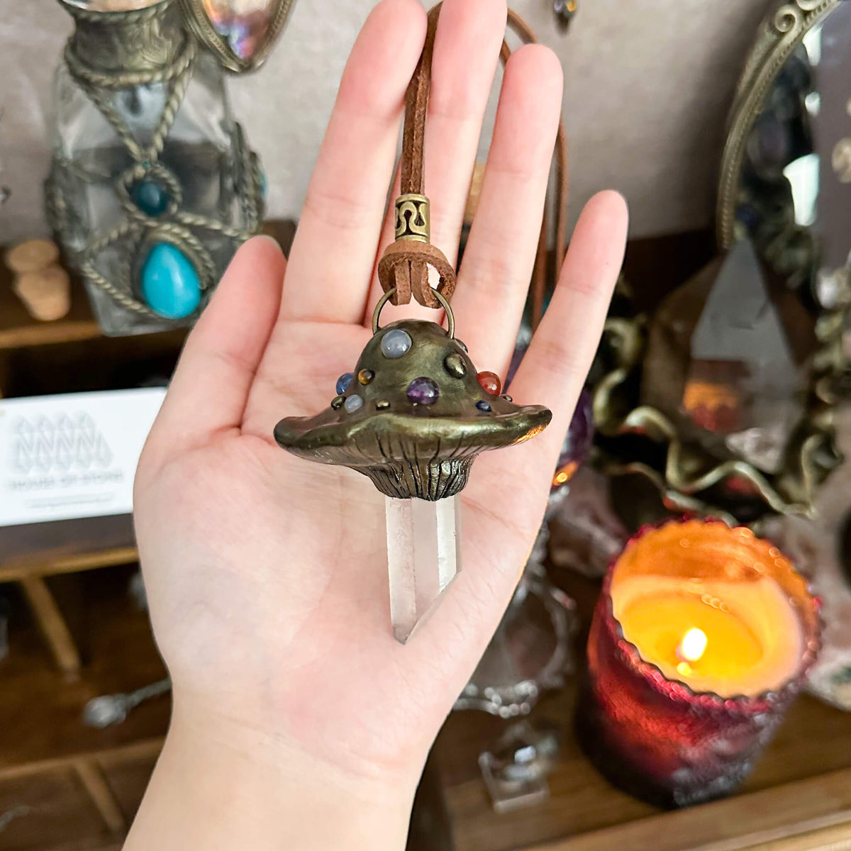 Handmade Natural Clear Quartz Pendant Necklace/Magic Mushroom Crystal Protection Pendant/Amulet Talisman Jewelry/Chakra/Altar Tool