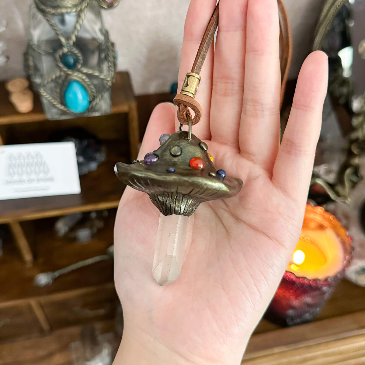 Handmade Natural Clear Quartz Pendant Necklace/Magic Mushroom Crystal Protection Pendant/Amulet Talisman Jewelry/Chakra/Altar Tool