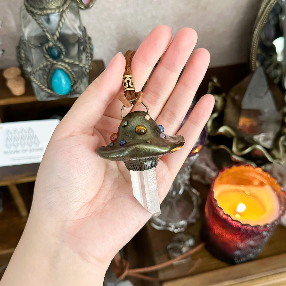 Handmade Natural Clear Quartz Pendant Necklace/Magic Mushroom Crystal Protection Pendant/Amulet Talisman Jewelry/Chakra/Altar Tool