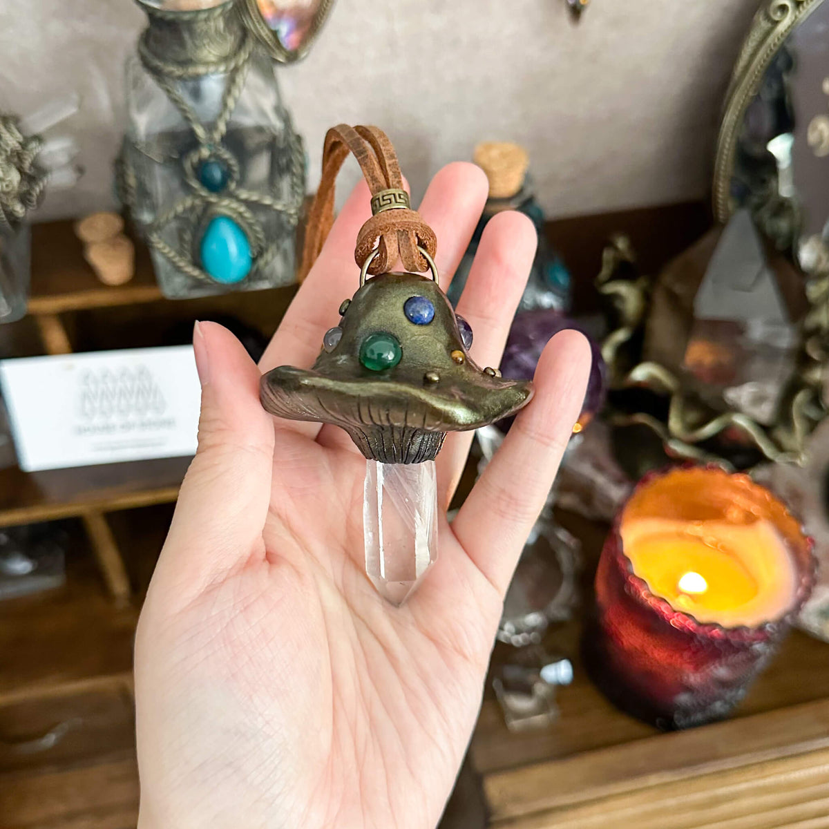 Handmade Natural Clear Quartz Pendant Necklace/Magic Mushroom Crystal Protection Pendant/Amulet Talisman Jewelry/Chakra/Altar Tool