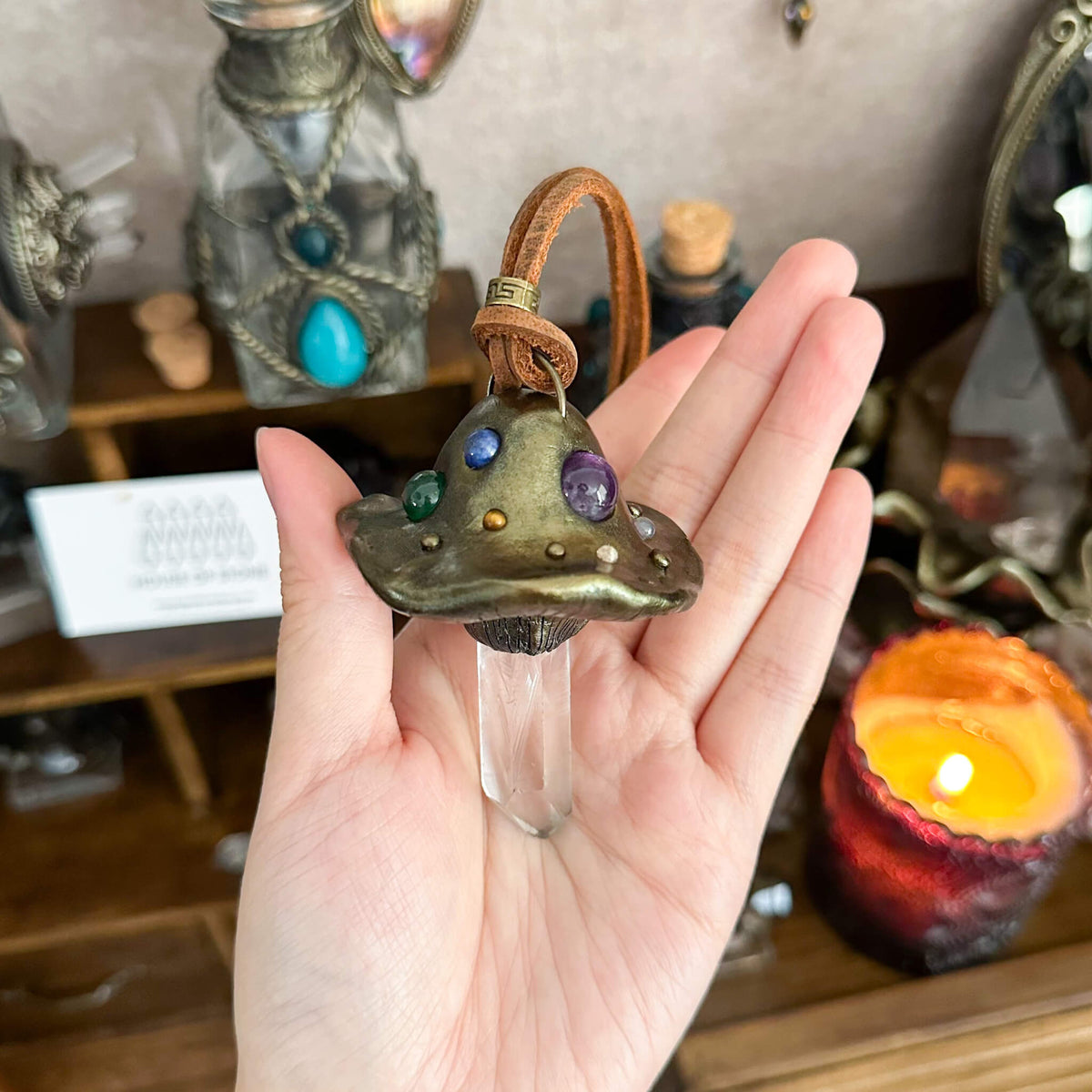 Handmade Natural Clear Quartz Pendant Necklace/Magic Mushroom Crystal Protection Pendant/Amulet Talisman Jewelry/Chakra/Altar Tool