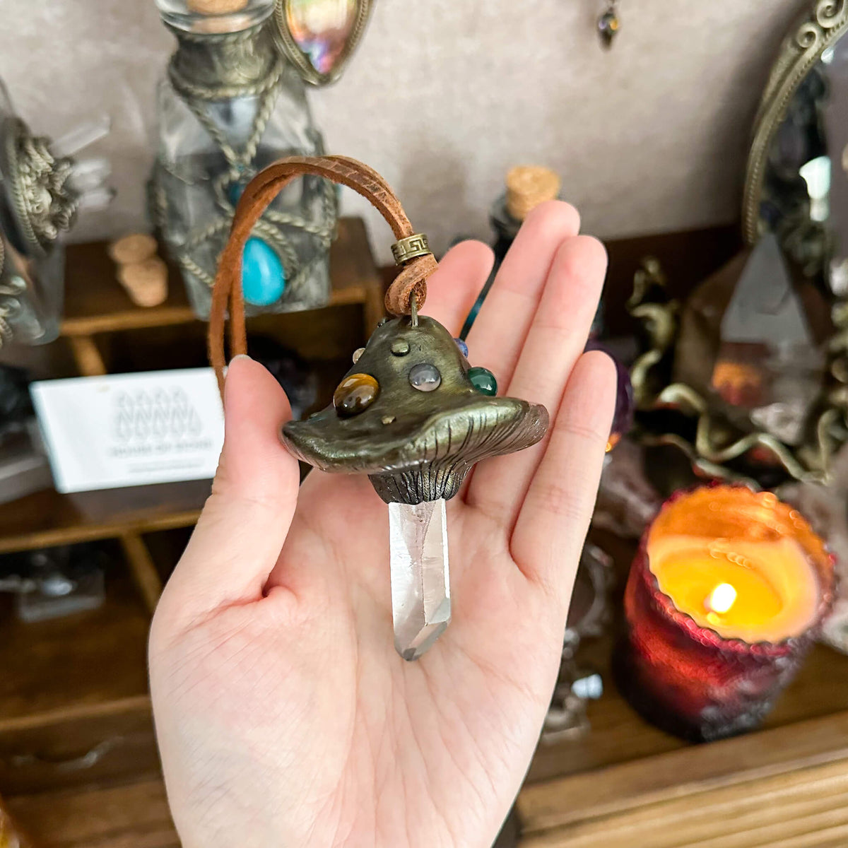 Handmade Natural Clear Quartz Pendant Necklace/Magic Mushroom Crystal Protection Pendant/Amulet Talisman Jewelry/Chakra/Altar Tool