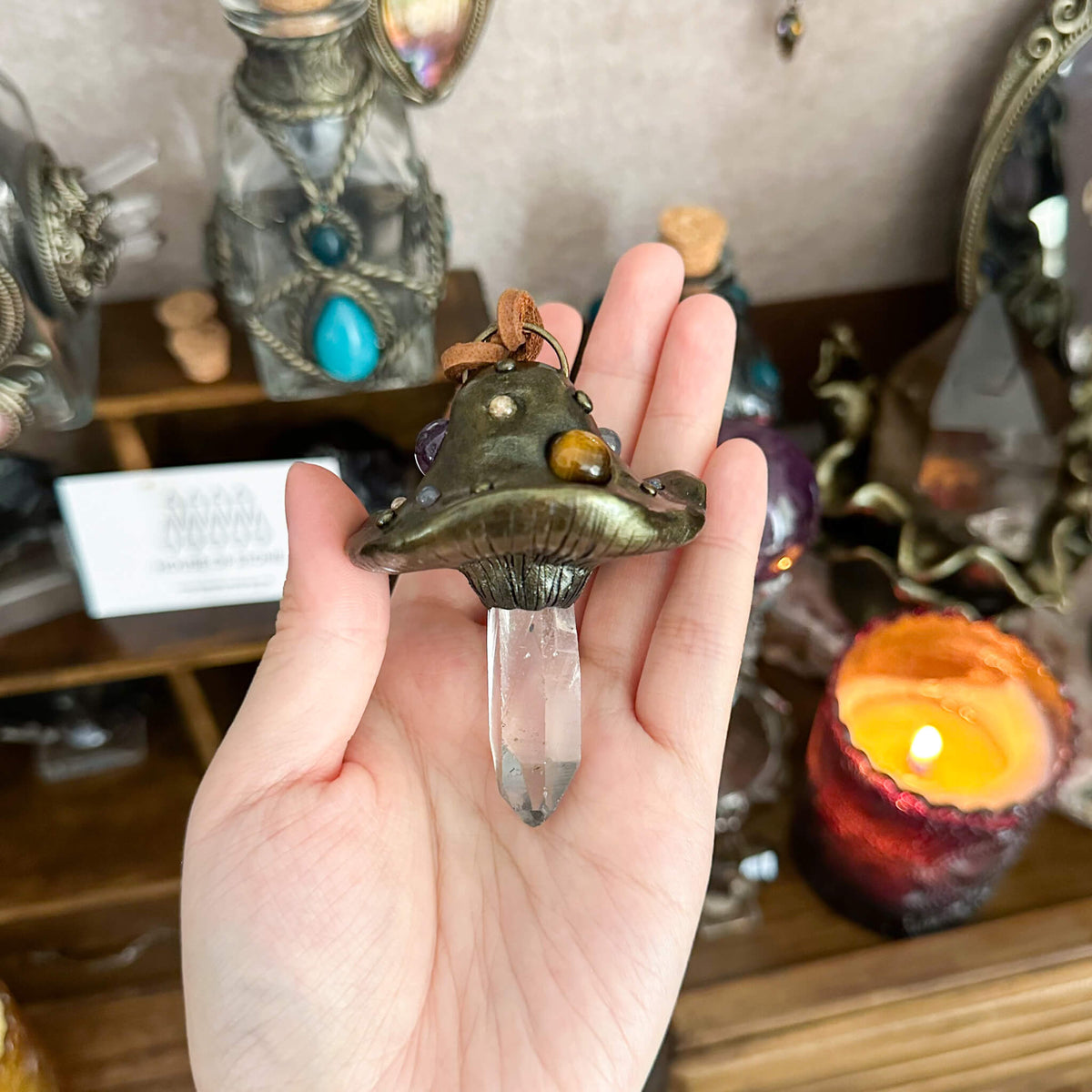 Handmade Natural Clear Quartz Pendant Necklace/Magic Mushroom Crystal Protection Pendant/Amulet Talisman Jewelry/Chakra/Altar Tool
