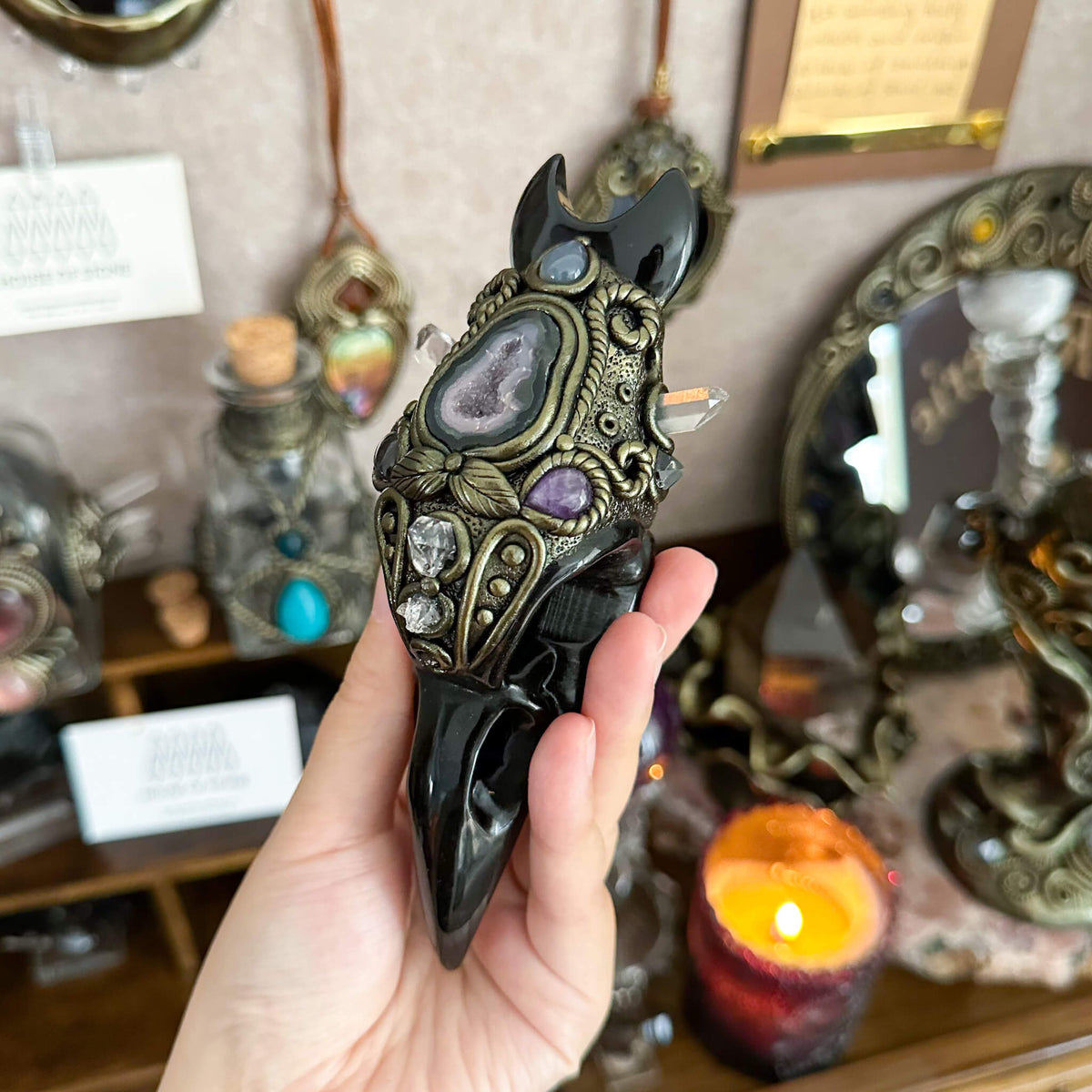 Handmade Natural Black Obsidian Raven Skull Pendant Necklace/Magic Black Obsidian Crystal Protection Pendant/Amulet Talisman Jewelry/Chakra/Altar Tool