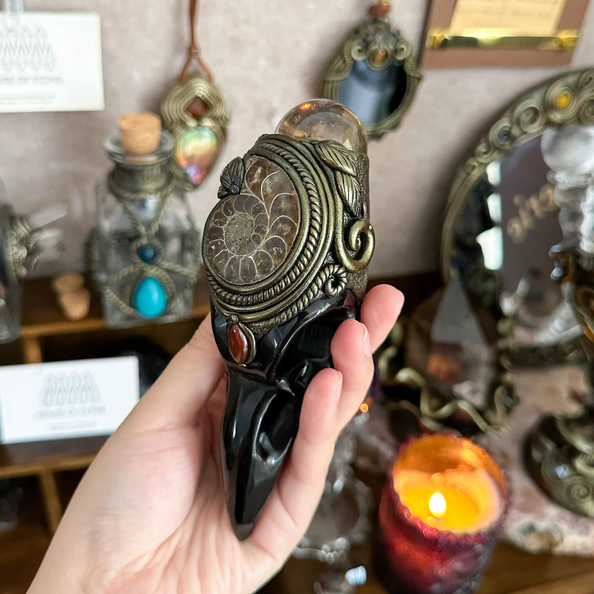 Handmade Natural Black Obsidian Raven Skull Pendant Necklace/Magic Black Obsidian Crystal Protection Pendant/Amulet Talisman Jewelry/Chakra/Altar Tool