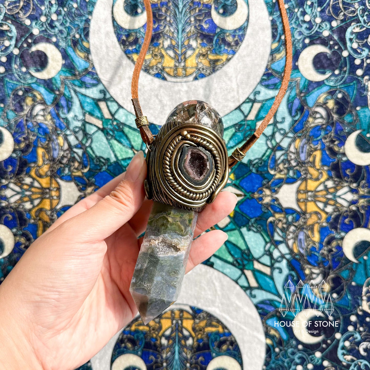 Handmade Natural Moss Agate Pendant Necklace/Magic Smoky Quartz Protection Pendant/Labradorite Jewelry/Heart Chakra/Altar Tool