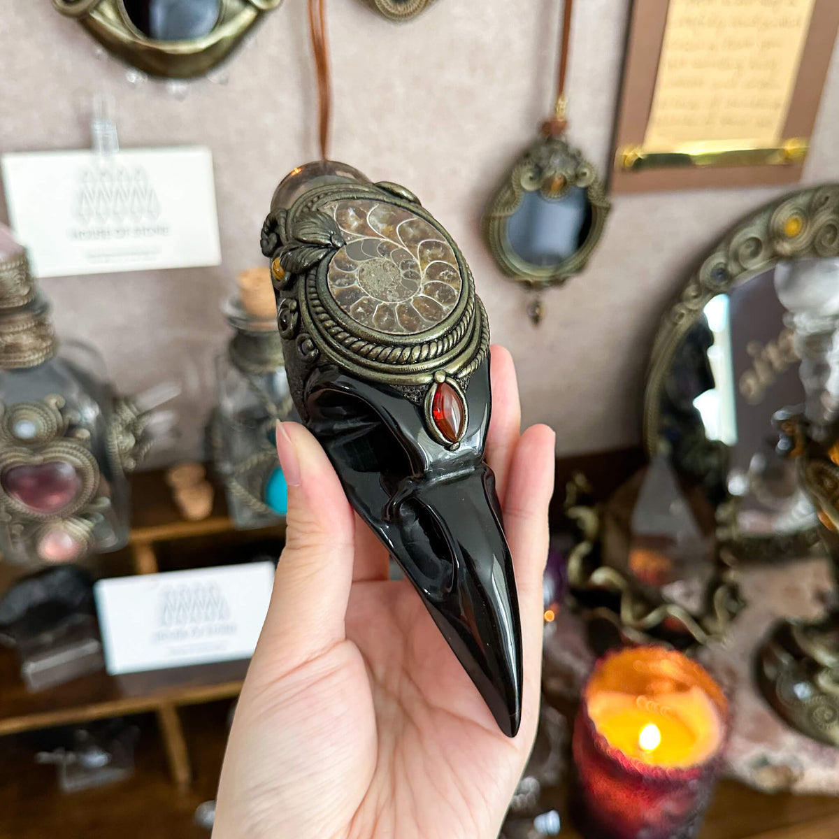 Handmade Natural Black Obsidian Raven Skull Pendant Necklace/Magic Black Obsidian Crystal Protection Pendant/Amulet Talisman Jewelry/Chakra/Altar Tool