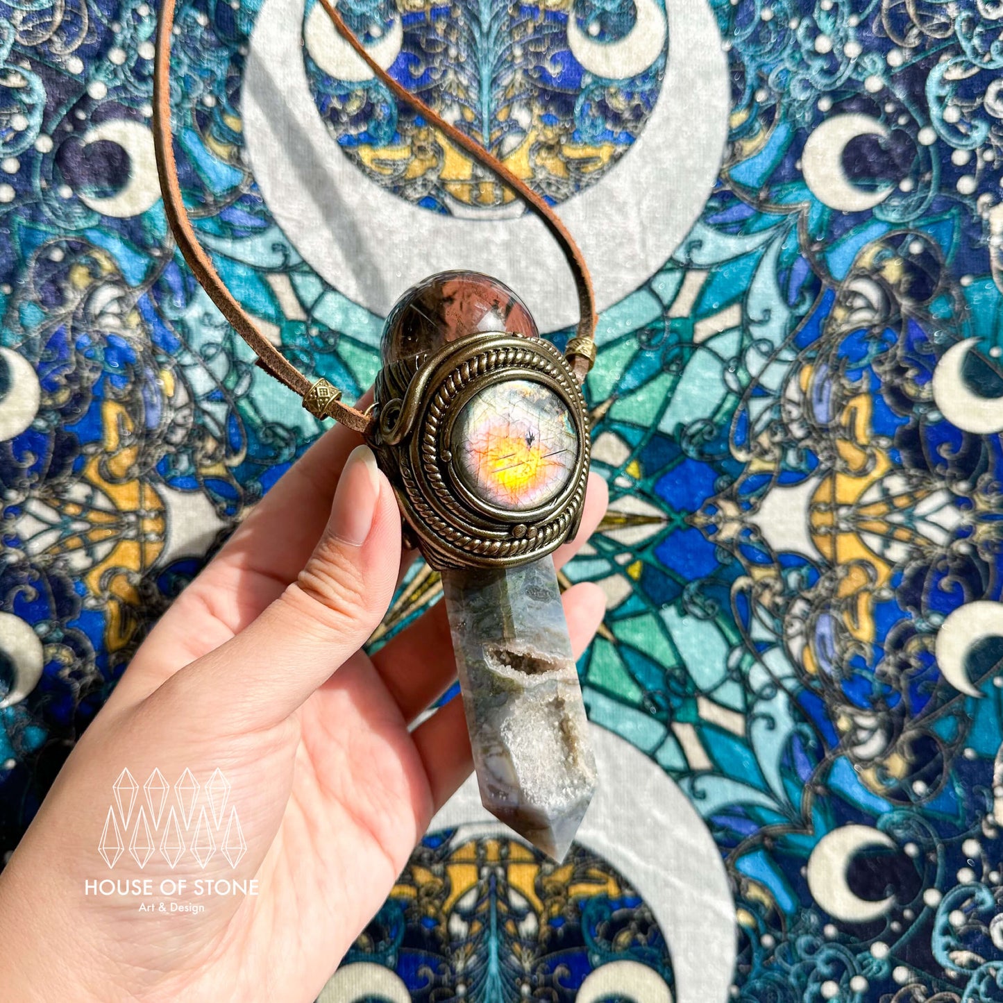 Handmade Natural Moss Agate Pendant Necklace/Magic Smoky Quartz Protection Pendant/Labradorite Jewelry/Heart Chakra/Altar Tool