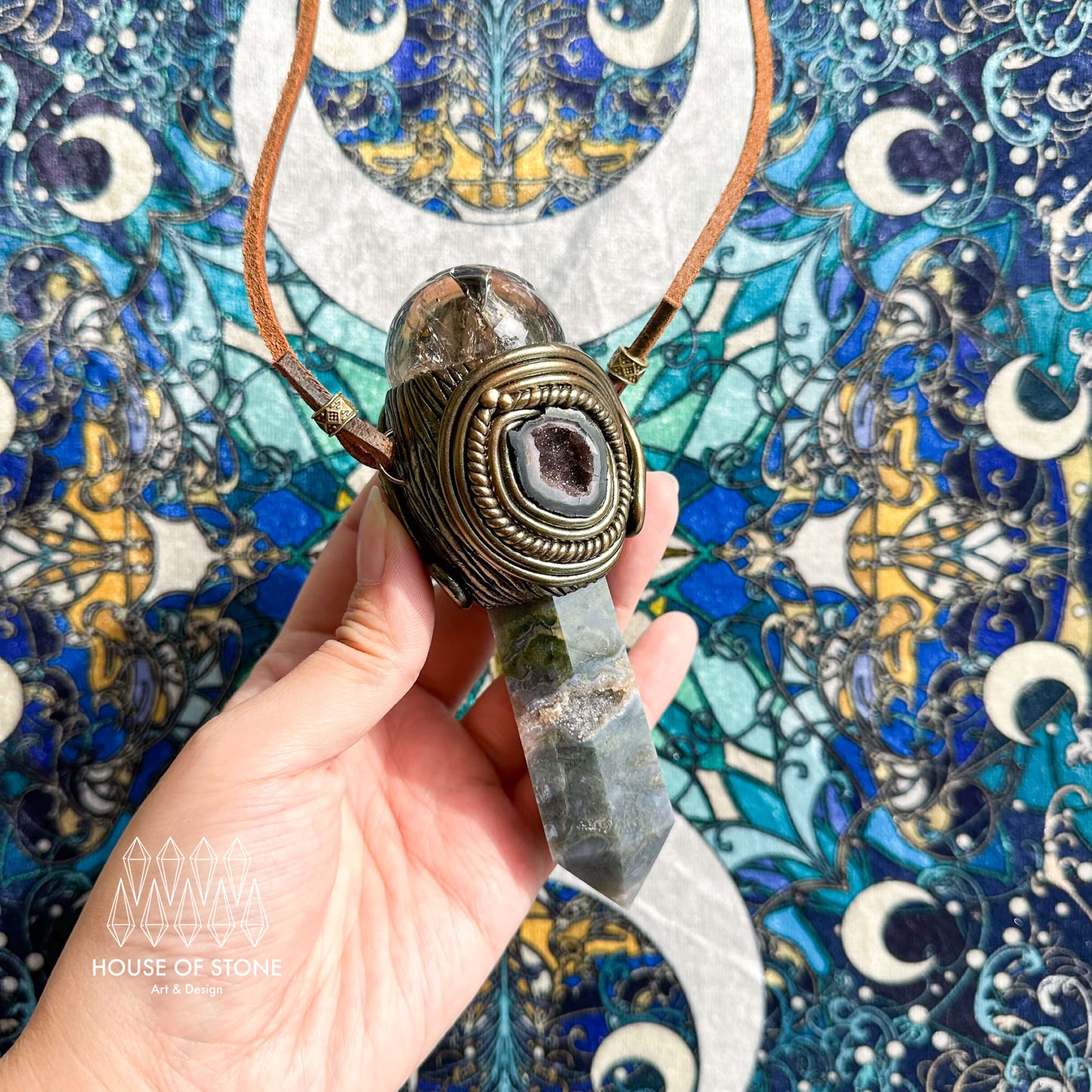 Handmade Natural Moss Agate Pendant Necklace/Magic Smoky Quartz Protection Pendant/Labradorite Jewelry/Heart Chakra/Altar Tool