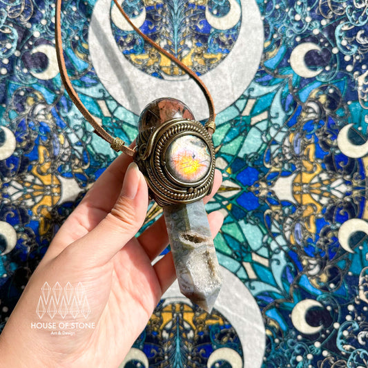 Handmade Natural Moss Agate Pendant Necklace/Magic Smoky Quartz Protection Pendant/Labradorite Jewelry/Heart Chakra/Altar Tool