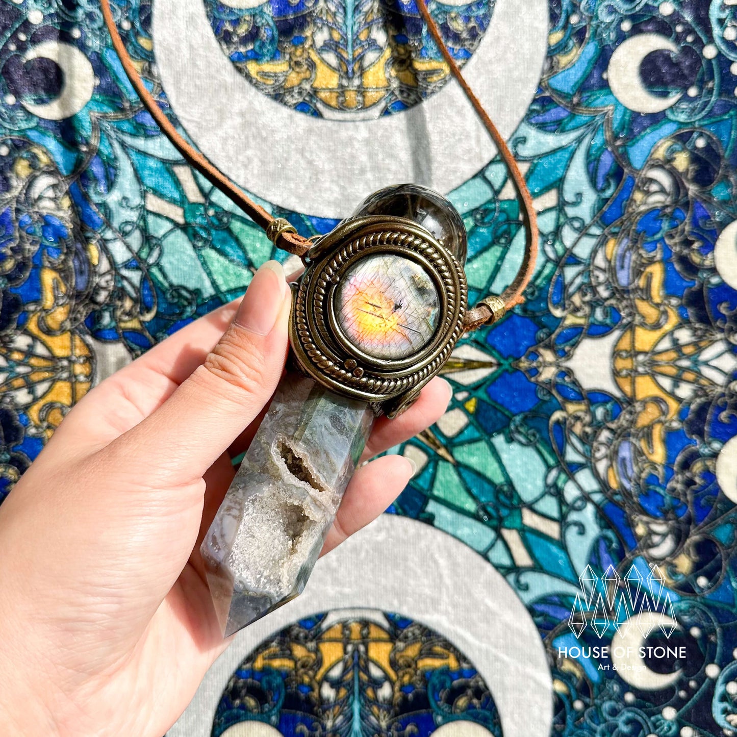 Handmade Natural Moss Agate Pendant Necklace/Magic Smoky Quartz Protection Pendant/Labradorite Jewelry/Heart Chakra/Altar Tool