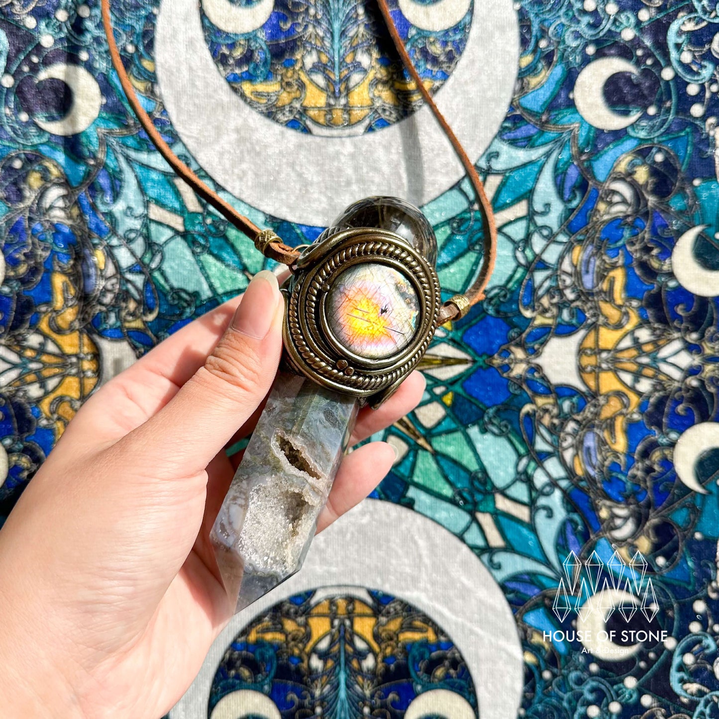 Handmade Natural Moss Agate Pendant Necklace/Magic Smoky Quartz Protection Pendant/Labradorite Jewelry/Heart Chakra/Altar Tool