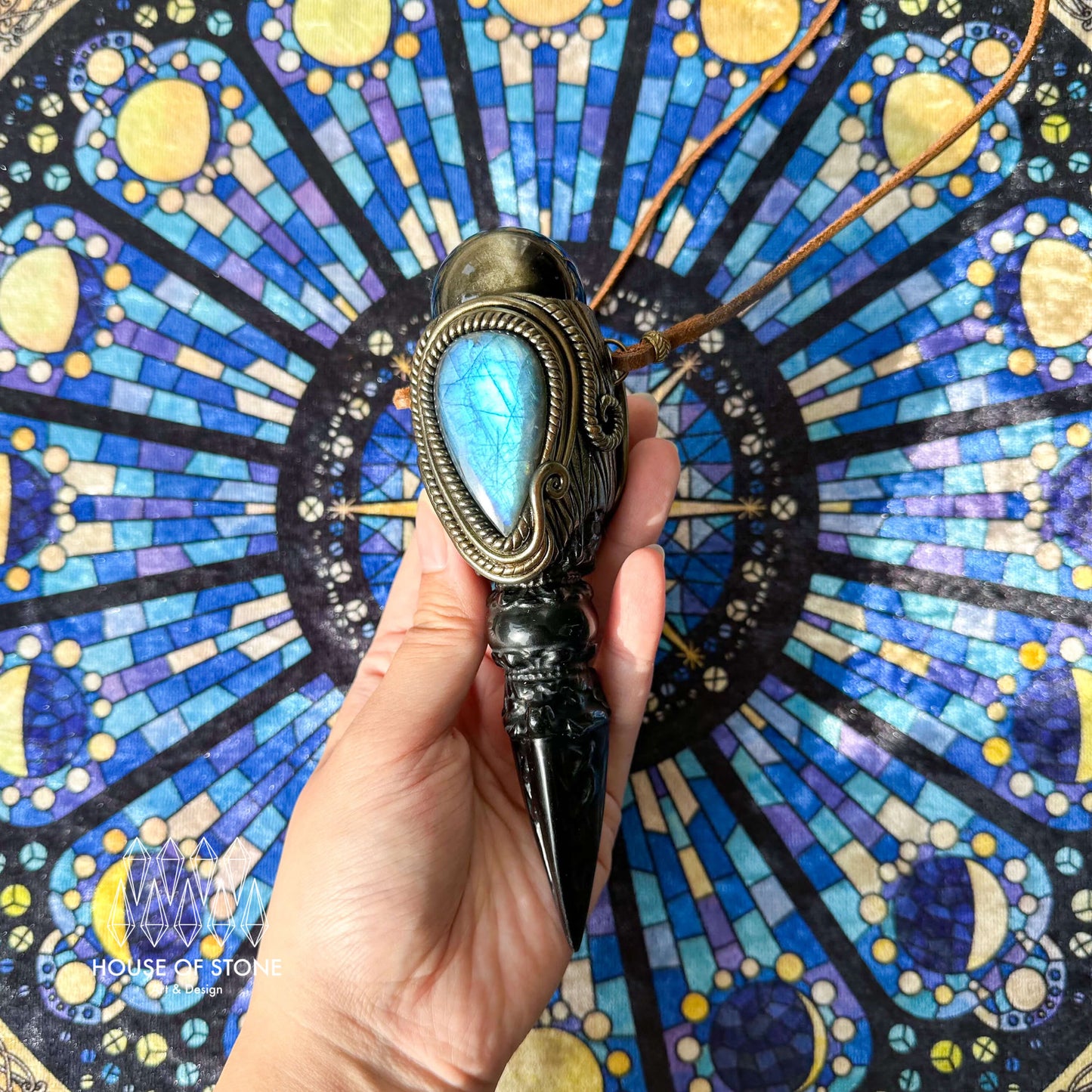 Handmade Natural Gold Obsidian Pendant Necklace/Magic Black Obsidian Crystal Protection Pendant/Labradorite Jewelry/RootChakra/Altar Tool