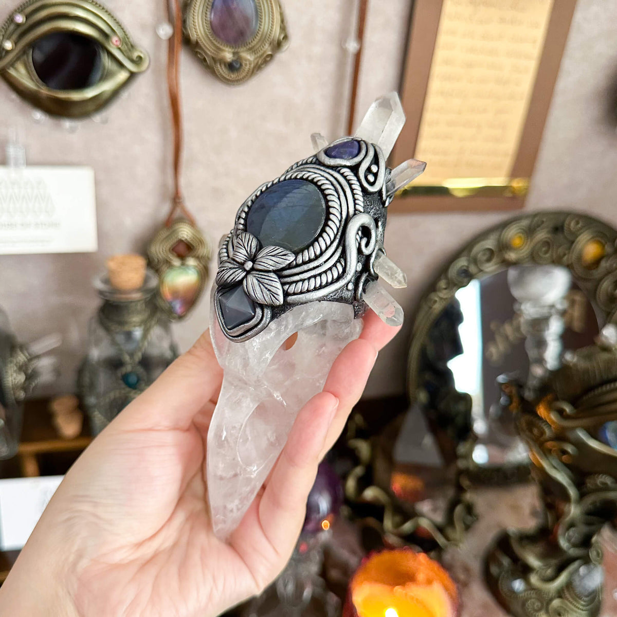 Handmade Natural Clear Quartz Raven Skull Pendant Necklace/Magic Herkimer Diamond Crystal Protection Pendant/Amulet Talisman Jewelry/Chakra/Altar Tool