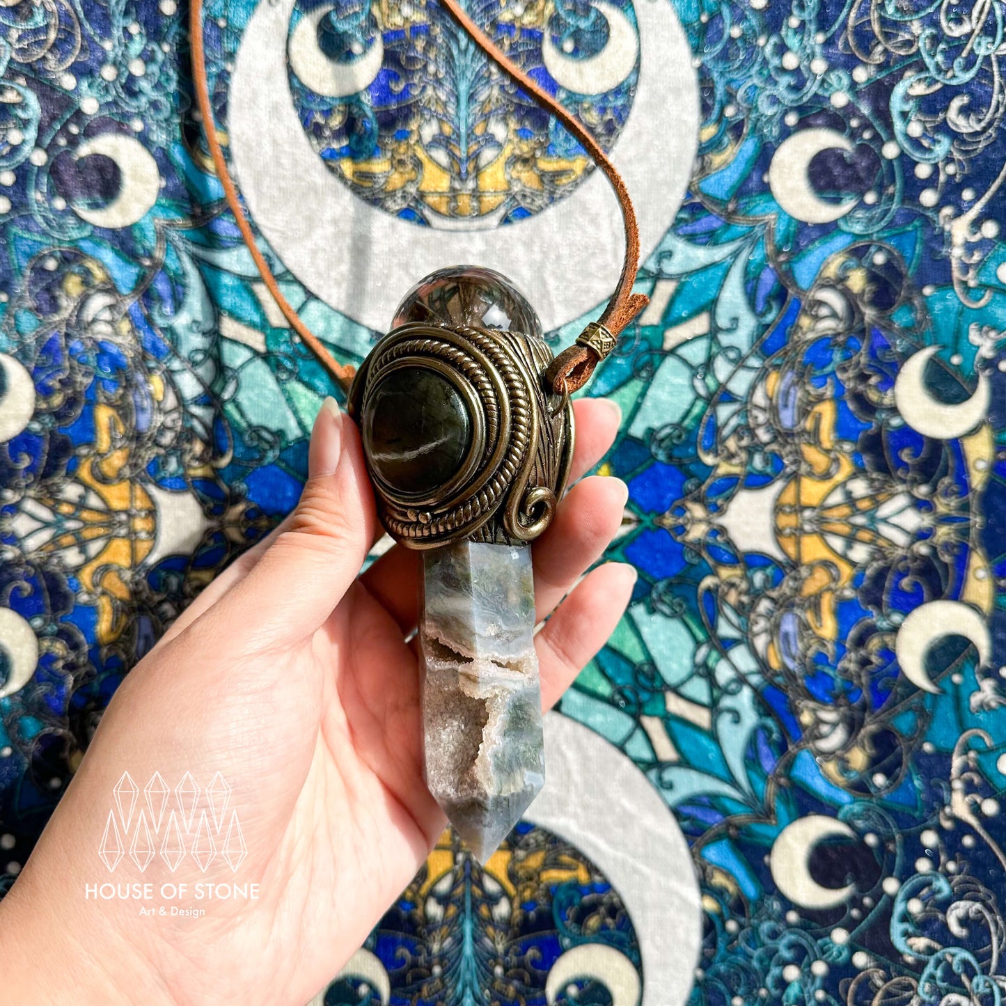 Handmade Natural Moss Agate Pendant Necklace/Magic Smoky Quartz Protection Pendant/Labradorite Jewelry/Heart Chakra/Altar Tool