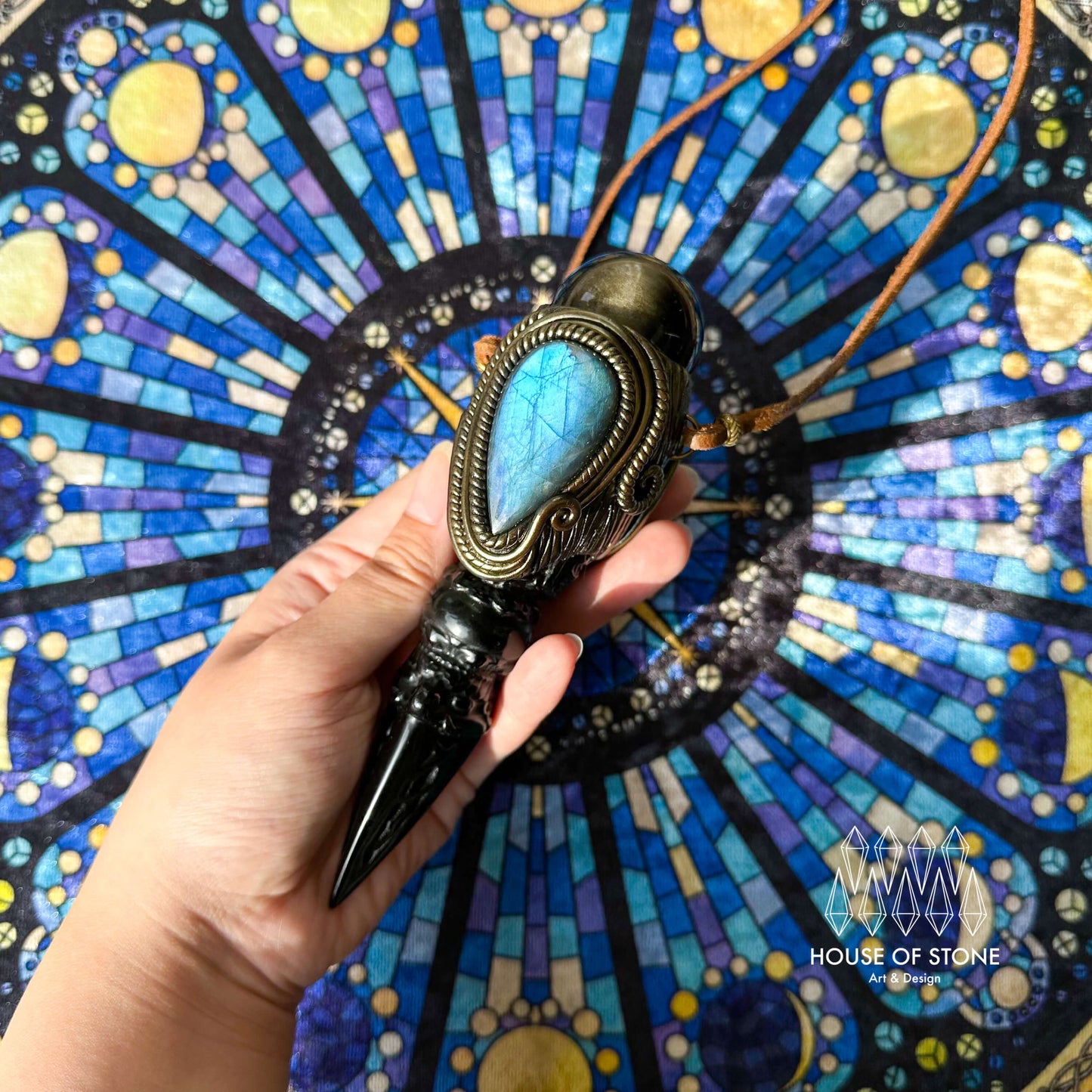 Handmade Natural Gold Obsidian Pendant Necklace/Magic Black Obsidian Crystal Protection Pendant/Labradorite Jewelry/RootChakra/Altar Tool