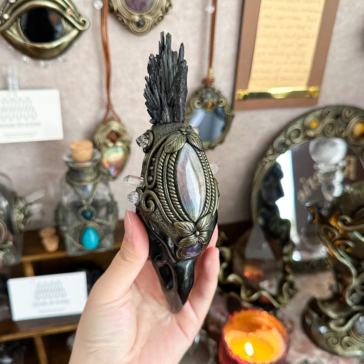 Handmade Natural Black Obsidian Raven Skull Pendant Necklace/Magic Black Tourmaline Crystal Protection Pendant/Amulet Talisman Jewelry/Chakra/Altar Tool