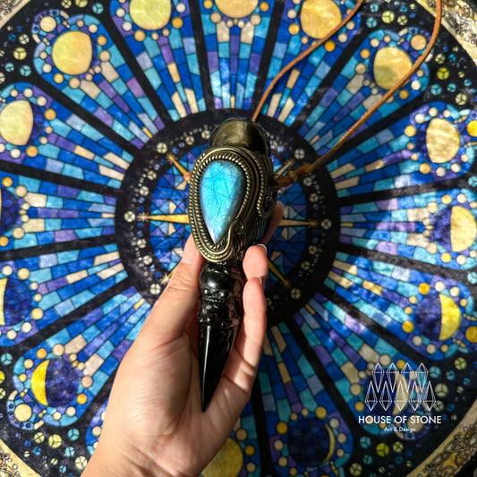 Handmade Natural Gold Obsidian Pendant Necklace/Magic Black Obsidian Crystal Protection Pendant/Labradorite Jewelry/RootChakra/Altar Tool