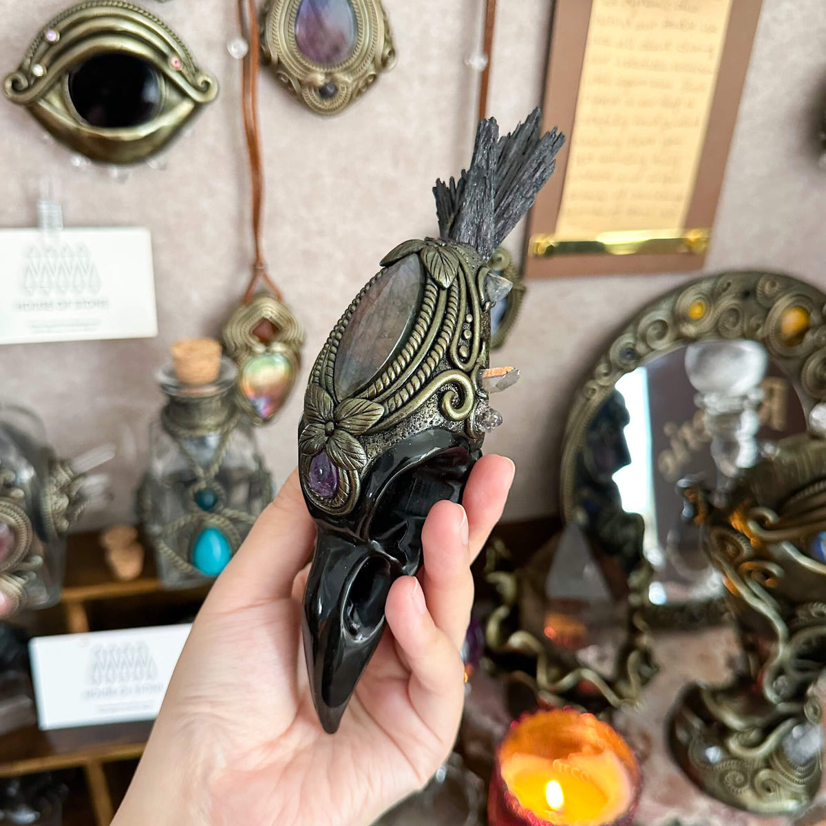 Handmade Natural Black Obsidian Raven Skull Pendant Necklace/Magic Black Tourmaline Crystal Protection Pendant/Amulet Talisman Jewelry/Chakra/Altar Tool