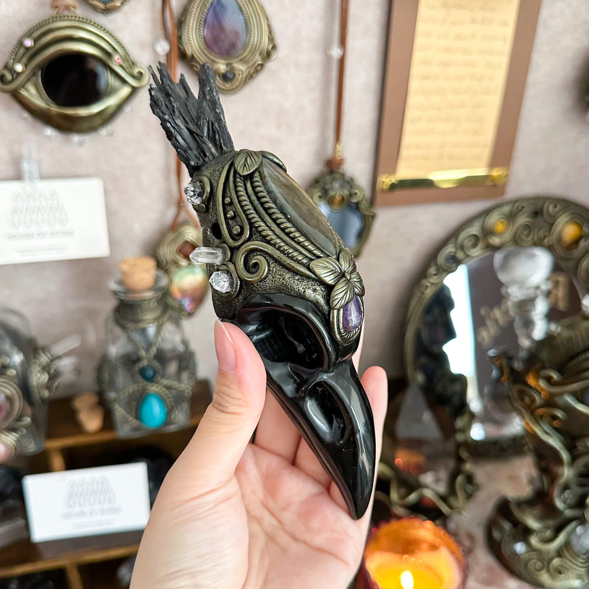 Handmade Natural Black Obsidian Raven Skull Pendant Necklace/Magic Black Tourmaline Crystal Protection Pendant/Amulet Talisman Jewelry/Chakra/Altar Tool