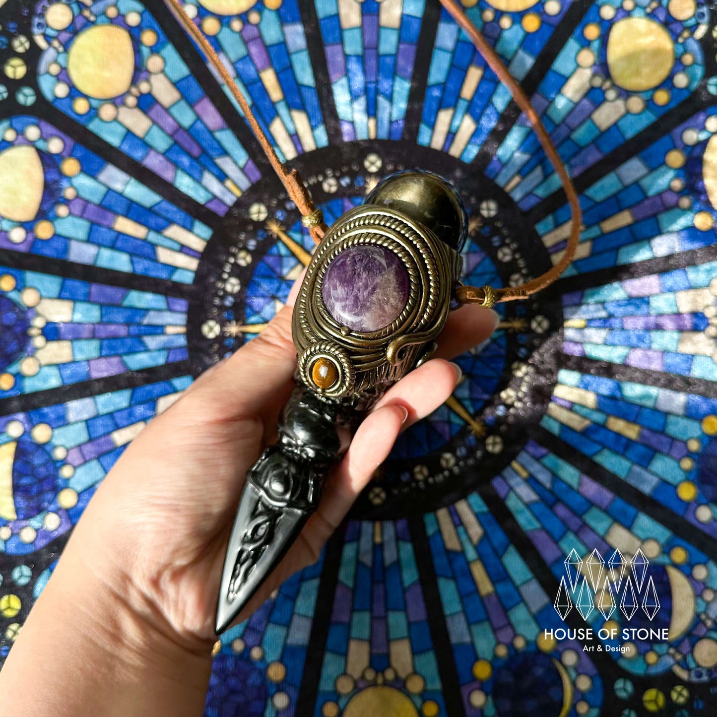 Handmade Natural Gold Obsidian Pendant Necklace/Magic Black Obsidian Crystal Protection Pendant/Labradorite Jewelry/RootChakra/Altar Tool