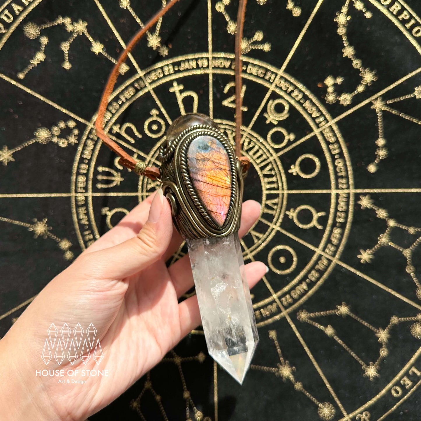Handmade Natural Clear Quartz Pendant Necklace/Magic Smoky Quartz Crystal Protection Pendant/Obsidian Labradorite Jewelry/Chakra/Altar Tool
