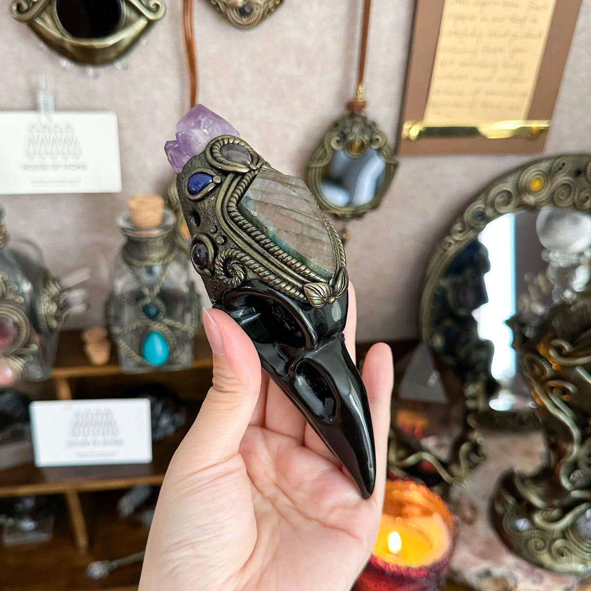 Handmade Natural Black Obsidian Raven Skull Pendant Necklace/Magic Black Obsidian Crystal Protection Pendant/Amulet Talisman Jewelry/Chakra/Altar Tool