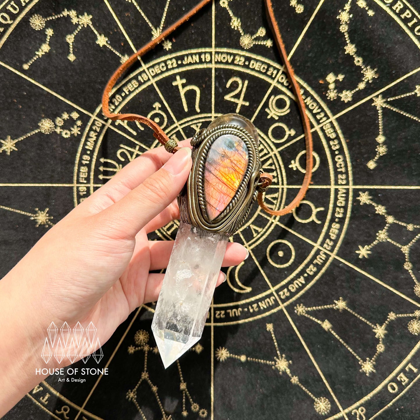 Handmade Natural Clear Quartz Pendant Necklace/Magic Smoky Quartz Crystal Protection Pendant/Obsidian Labradorite Jewelry/Chakra/Altar Tool