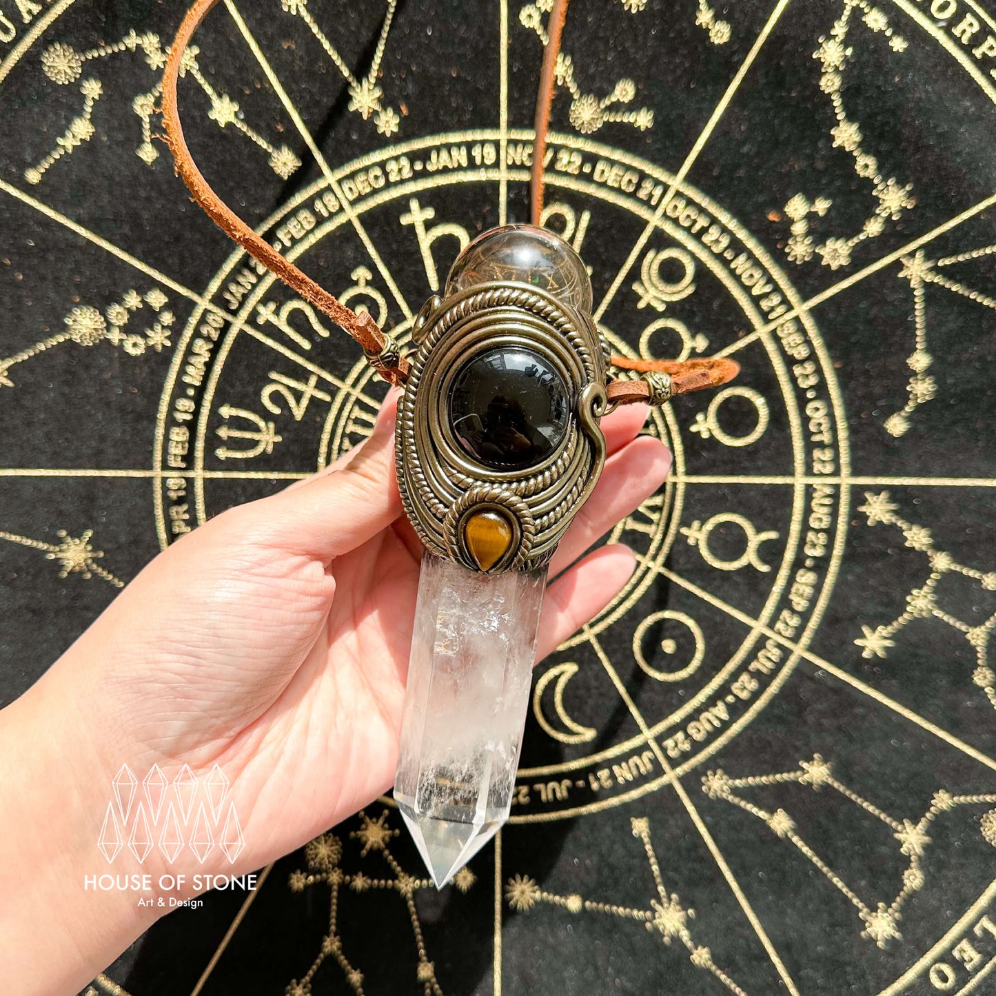 Handmade Natural Clear Quartz Pendant Necklace/Magic Smoky Quartz Crystal Protection Pendant/Obsidian Labradorite Jewelry/Chakra/Altar Tool