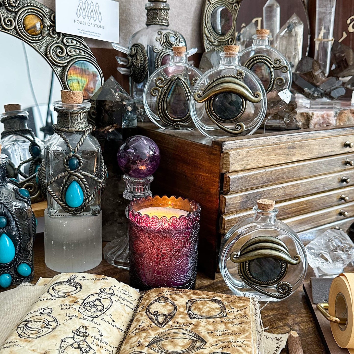 Handmade Natural Crystal Spell Jar/Apothecary Spell Jar/Magic Potion Bottle/Witch Apothecary Bottle/Large Wish bottle/Intention bottle